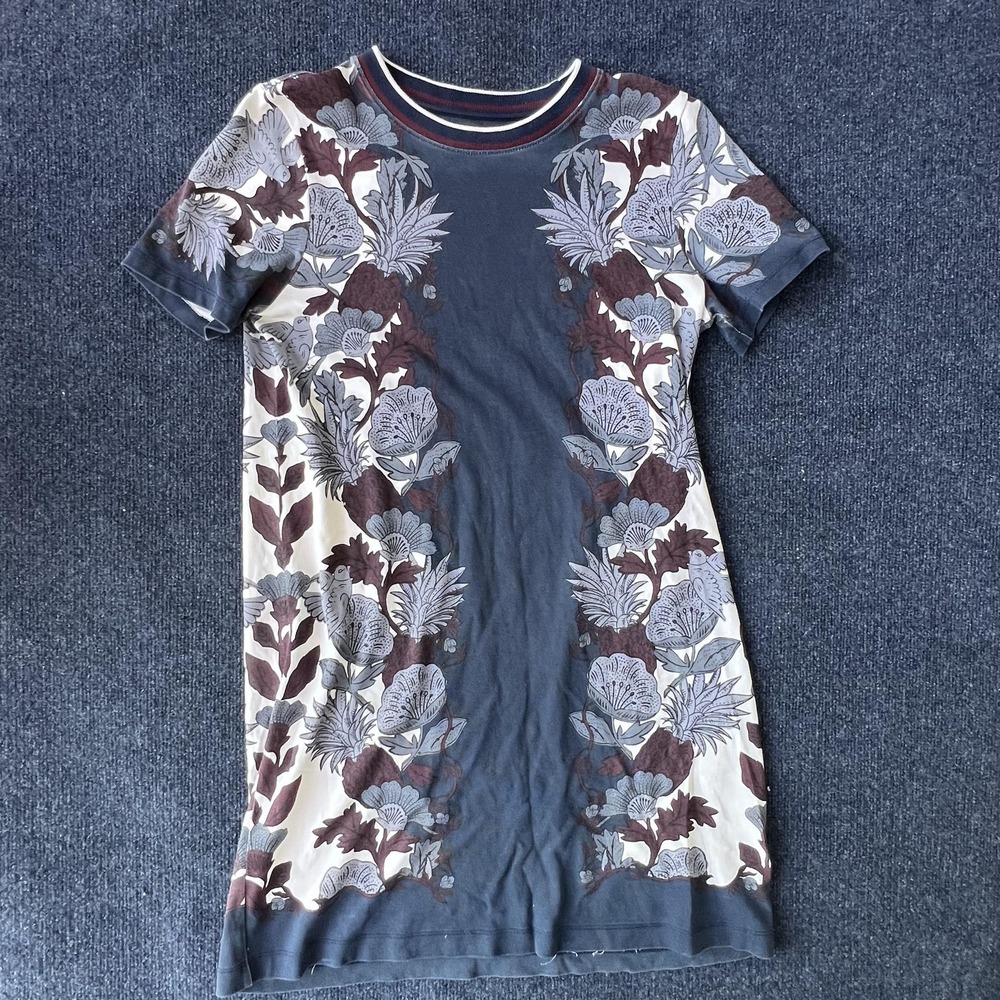 Tory Burch Shirt Womens Medium Blue Floral Pima Cotton Crewneck Short Sleeve